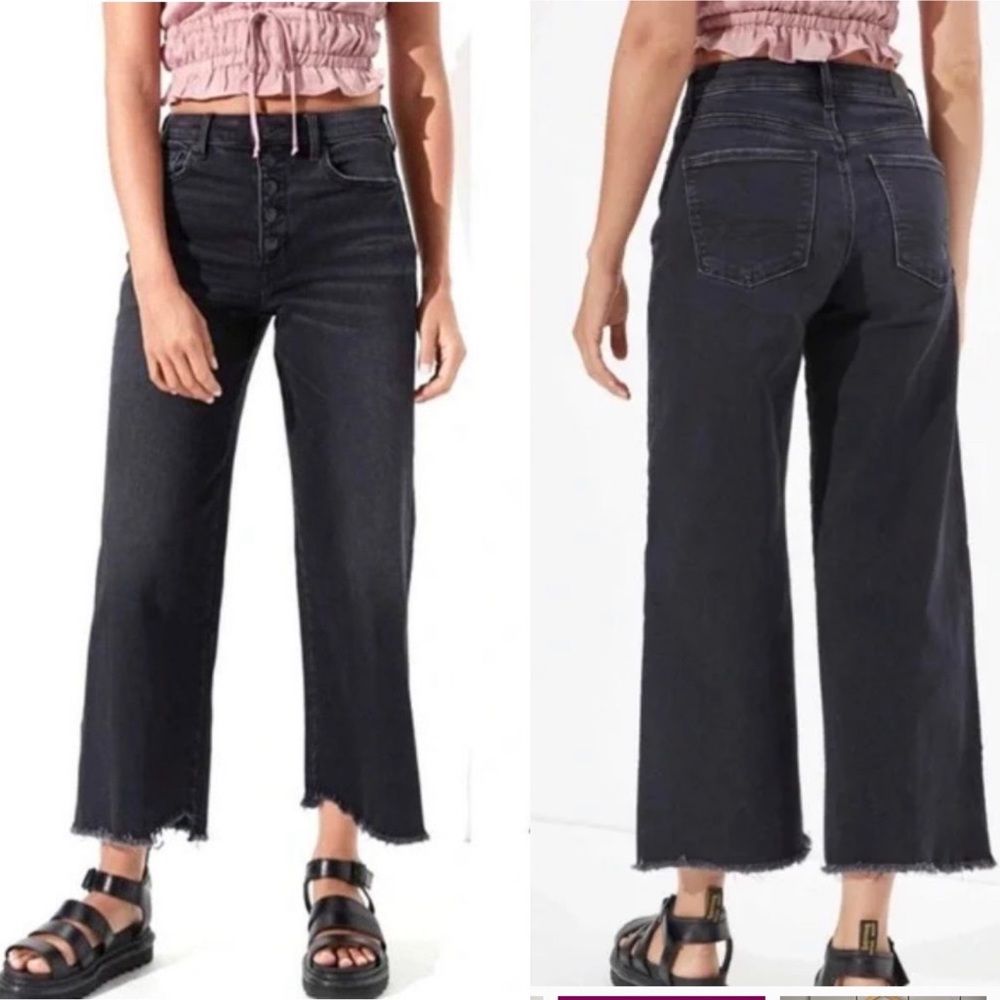 American Eagle High Rise Wide Leg Crop Jean in Black Short